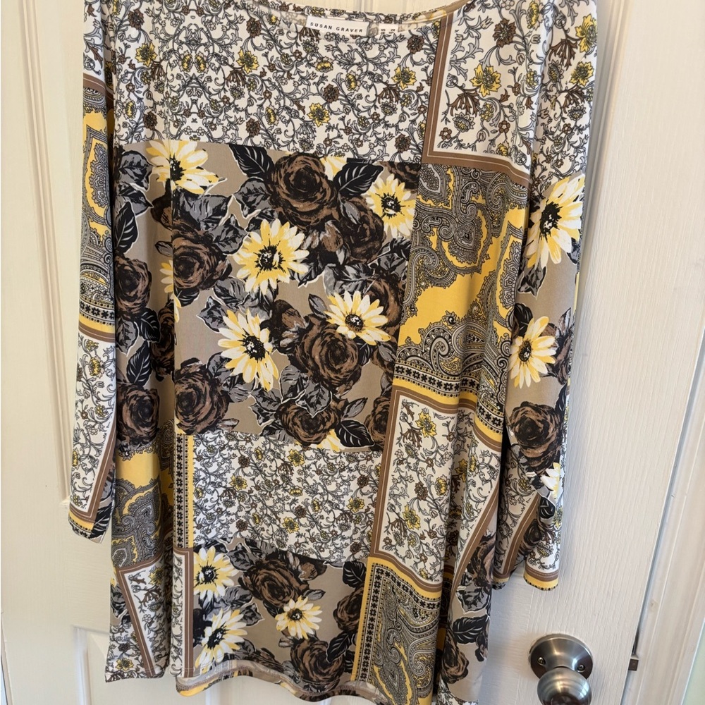 Susan Graver Floral Patchwork Top - Yellow, Brown, Black